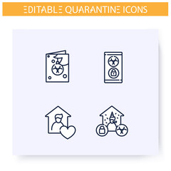 Quarantine line icons set.Lockdown in city. Quarantine love, party, holidays. Covid19 virus spread prevention. Global pandemic fight concept. Isolated vector illustrations.Editable stroke 