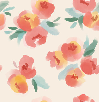 Big floral seamless pattern in cream, pink and yellow. Watercolor painterly flower bouquets print for textile, fabric, fashion, gifts, wallpaper. 