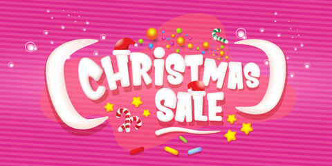 cartoon christmas sale horizontal banner with lighting stars, candies, lollipops, snow, santa red hat and christmas lights isolated on pink background. Cartoon kids style sale label