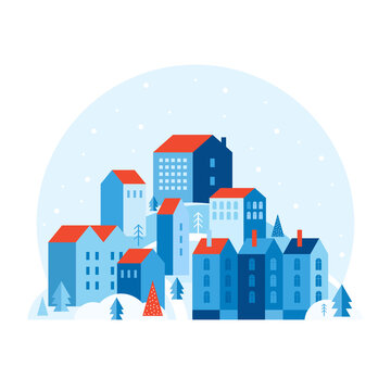 Winter urban landscape in a minimal geometric style. Festive snow city. Cozy houses on a hill among Christmas trees and snowdrifts. New year and Christmas landscape. Abstract vector flat illustration. © Catrin1309