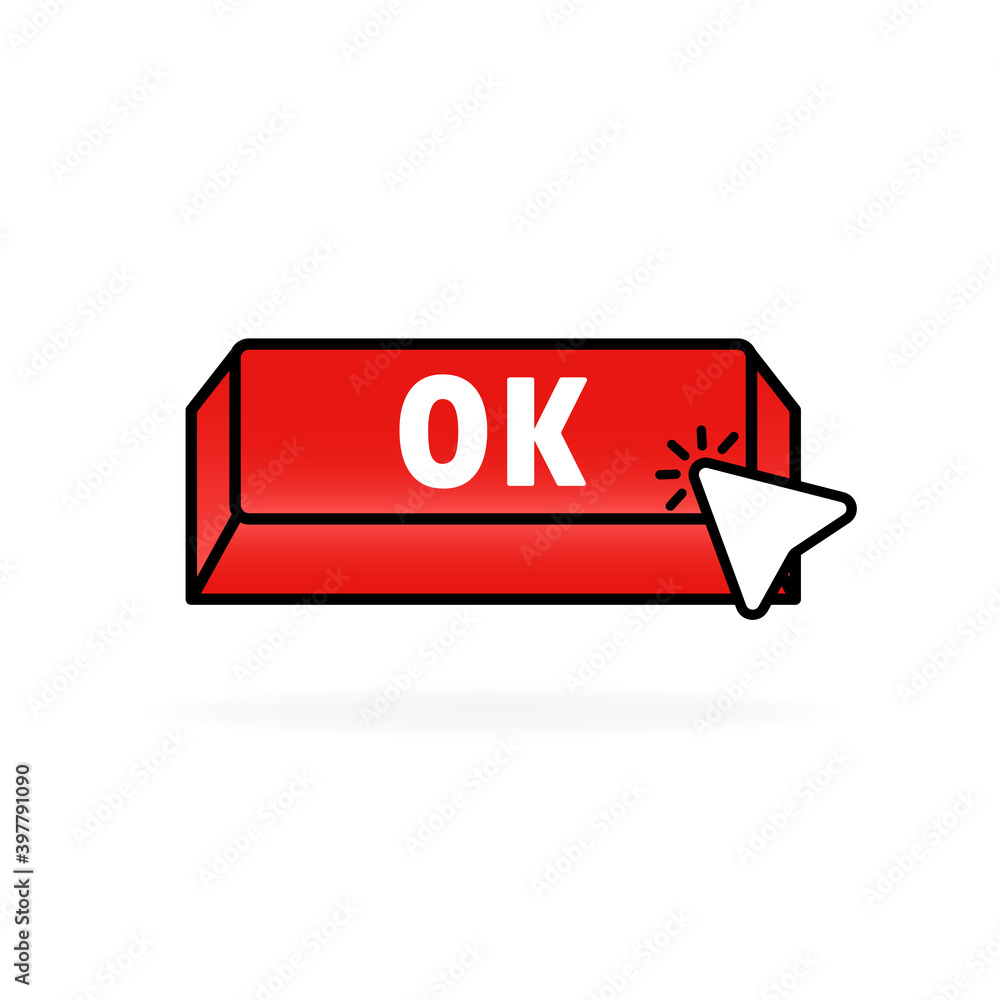 Poster ok red button icon. button ok with cursor, pointer. vector illustration. eps10