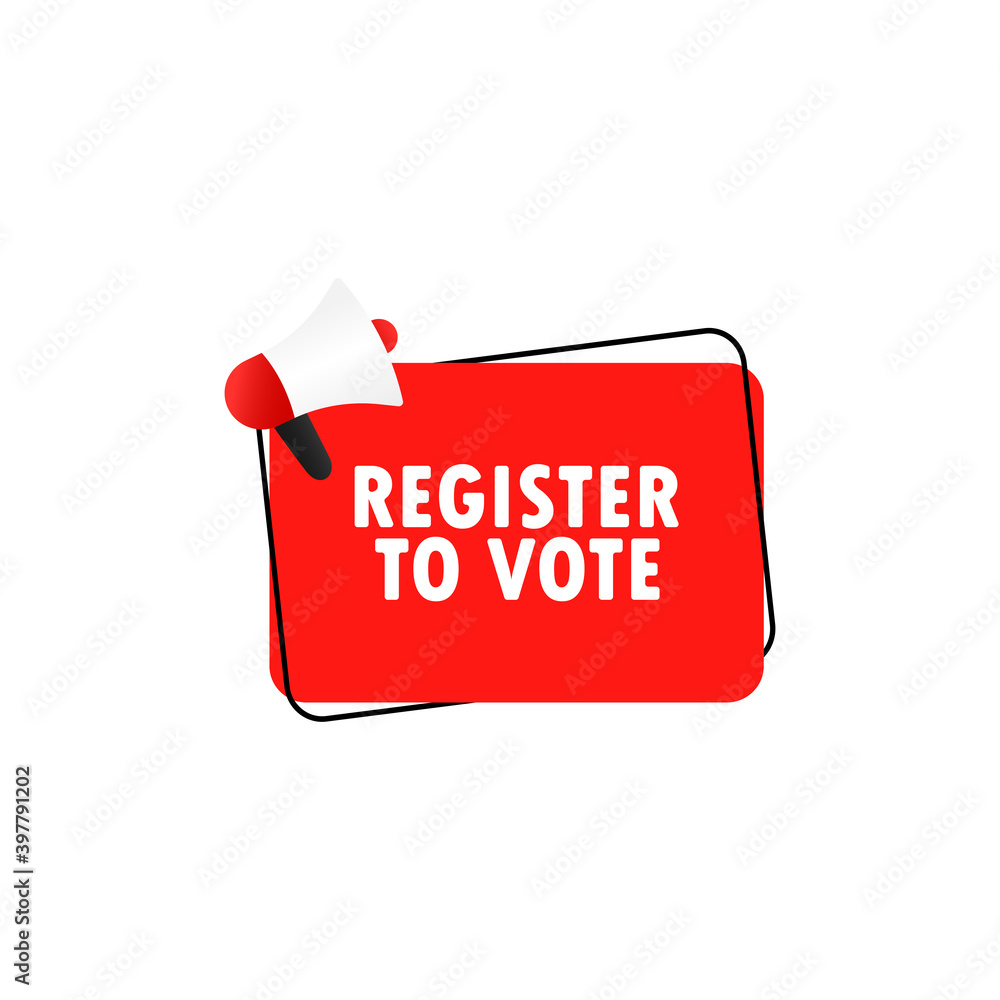 Aufkleber register to vote icon. megaphone with register to vote message in bubble speech banner. loudspeaker.