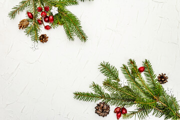 Christmas tree branches with pine cones and rosehip berries on white putty background