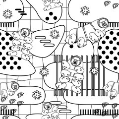 Black white Tardigrade, water bears or moss piglets vector repeat seamless pattern with lines and dots