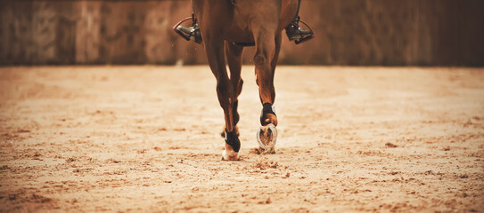 Shod hooves of a Bay horse running at a gallop, kicking up the sand in the outdoor arena. Horseback...