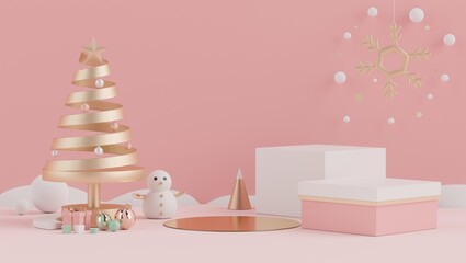 3d rendering scene of Christmas holiday concept decorate with tree and displays podium or pedestal for mock up and products presentation.
