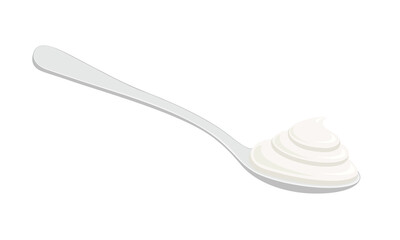 Metal spoon with greek yogurt, sour cream or whipped cream isolated on white background. Dairy based dessert or souce. Vector illustration.