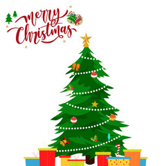Merry christmas greeting card with typography text and christmas tree illustration.