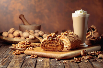 Walnut cake and coffee latte with cream on a wooden table.