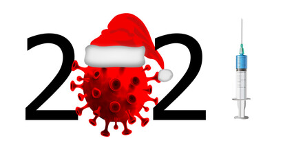 Happy New Year 2021. 2021 with a covid icon. Coronavirus in 2021. Covid-19 coronavirus on 2021. Covid Christmas. Santa hat.
