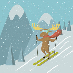 Winter landscape with Skiing elk. Moose rolls down on the ski against mountains. Cute animal wears scarf and goggles. Vector cartoon illustration in flat style.