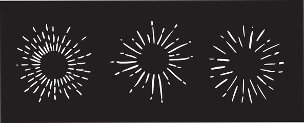 Sun rays images on black background. Firework hand drawn icons set. Vector.	