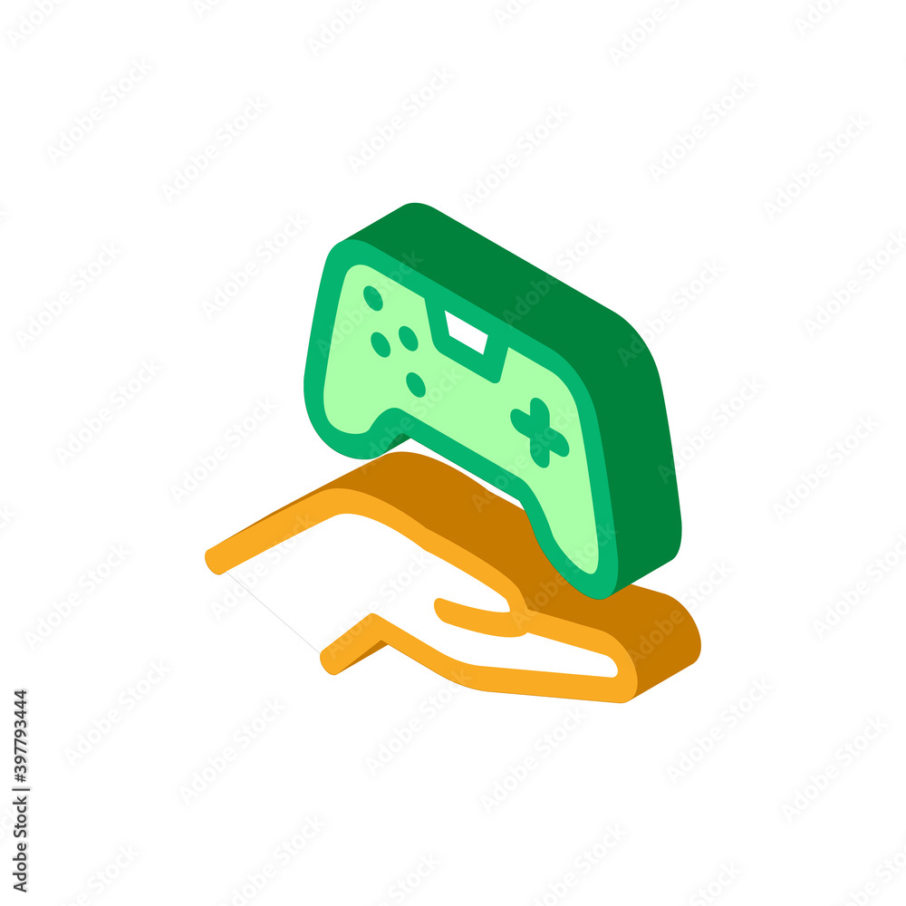 Poster hand hold game joystick icon vector. isometric hand hold game joystick sign. color isolated symbol i