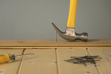 Pull out the nail with a claw hammer. The hammer is removing the nail from the wooden board. Hammer...
