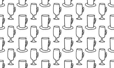 Doodle coffee cups seamless pattern. Simple outline drawing. Morning drink for breakfast. Hand drawn design element