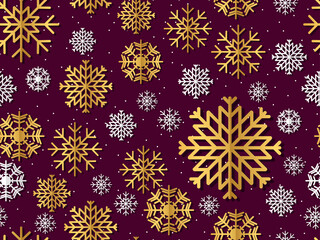 Fototapeta na wymiar Snowflakes seamless pattern, white and gold snowflakes with shadow. Christmas and New Year background with falling snow. Vector illustration