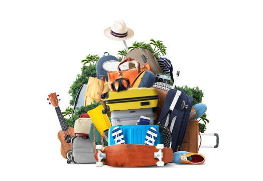 Vacation and travel concept with a suitcases and other accessories. Time to travel
