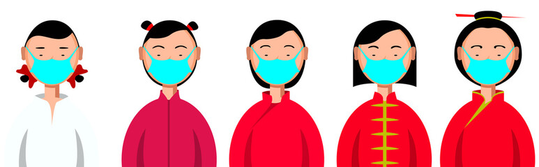 Chinese, Asian women in masks. People in medical masks, virus protection.