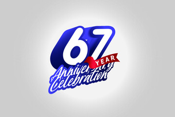 67 year anniversary, Italic Style with ribbon celebration logotype. Simple Blue color design isolated on Grey background - vector 