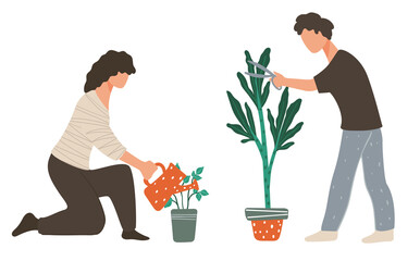 People caring for plants, watering and cutting