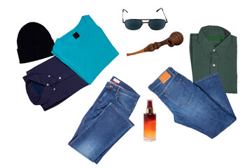 Mens modern clothing set with stylish jeans, shirt and t-shirt, cap or hood and accessories...