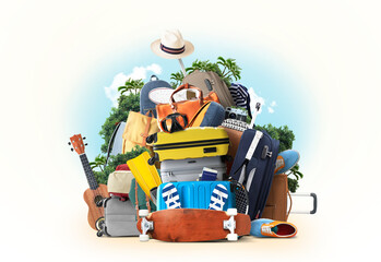 Vacation and travel concept with a suitcases and other accessories. Time to travel