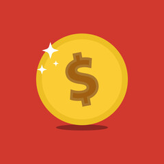 Dollar coin icon in flat design style. Money vector illustration on red background.