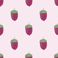 Seamless pattern with doodle hand drawn acorn ornament. Pinka and green colored ornament.