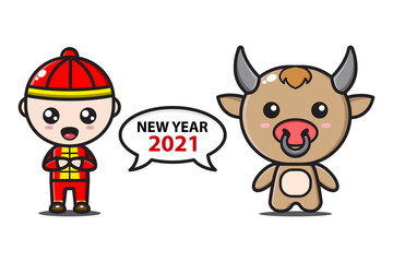 Obraz na płótnie Canvas chinese boy and ox say new year 2021