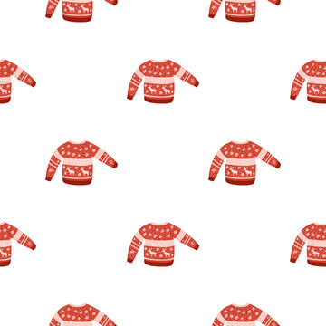 Isolated seamless winter pattern with red colored sweater ornament. White background.