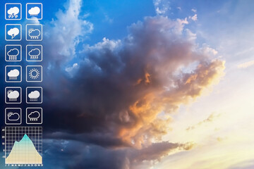 Weather forecast symbol data presentation with graph and char of dramatic atmosphere panorama view...