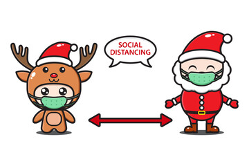 Santa Claus and Deer social distancing illustration