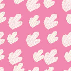 Random magic cartoon seamless pattern with white outline crystal silhouettes. Pink background.