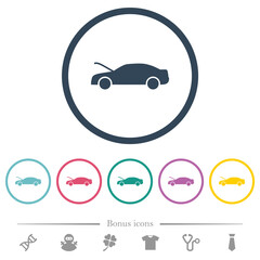 Car hood open dashboard indicator flat color icons in round outlines