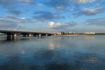 Fototapeta premium Evening view of Voronezh water storage basin with Chernavskiy bridge, Russia