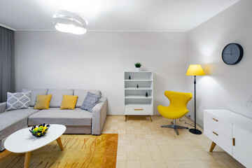 Contemporary interior of living room in modern flat. Home design. Cozy furniture. Coffee table. White shelf. Decorative plants. Floor lamp.