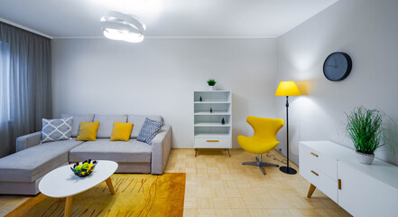 Contemporary interior of living room in modern flat. Home decor. Cozy furniture. Coffee table. White shelf. Decorative plants. Floor lamp.