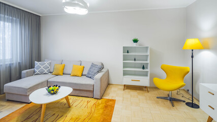 Contemporary interior of living room in modern flat. Home decor. Cozy furniture. Coffee table. White shelf. Decorative plants. Floor lamp.