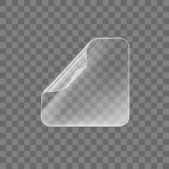 Transparent glued square sticker with curled corner mock up. Blank adhesive paper or plastic sticker label with curled effect. Template label tag close up. 3d realistic vector icon