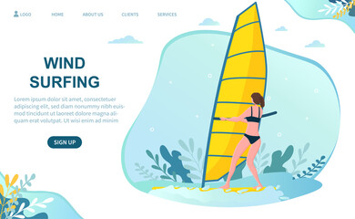 Caucasian woman in swimsuit wind surfing. Concept of summer ocean activities. Water sport, vacation on the beach. Website, web page, landing page template. Flat cartoon vector illustration