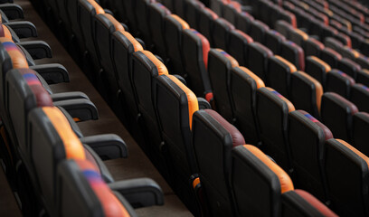 Empty football sport stadium seats during coronavirus pandemic without people