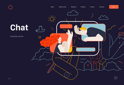 Business topics - chat, web template. Flat style modern outlined vector concept illustration. Tablet screen with messages of chatting couple - young man and woman. Business metaphor.