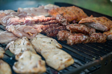 Delicious meat cooked on outdoor bbq stove in a park.