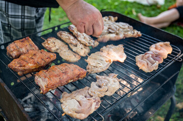 Delicious meat cooked on outdoor bbq stove in a park.