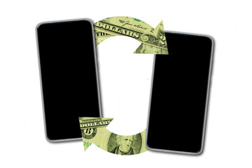 Mobile phones with arrows and dollar banknotes - Concept of money transaction and exchange