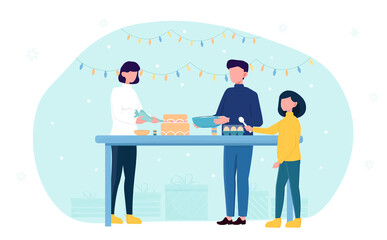Caucasian family cooking christmas dinner. Concept of preparing for the winter holidays and setting festive mood. Husband and daughter help mother to bake cake. Flat cartoon vector illustration
