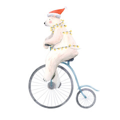 Beautiful christmas stock illustration with hand drawn watercolor cute polar bear on bike.