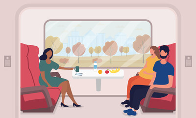 Multiracial male and female passengers travelling by train. People sitting in passenger car. Happy railway journey. Flat cartoon vector illustration