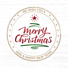 Handwritten Merry Christmas and Happy New Year golden rubber stamp. Green Christmas Tree pen stroke with a red star. Vintage calligraphic text for greeting card, invitation, web, banner, print, poster