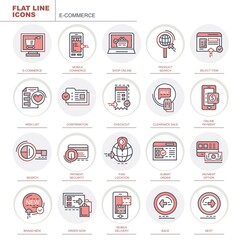 E-commerce. Set of flat, color, vector, linear icons. Set of icons for the site. The set contains icons such as online shopping, mobile delivery, product search and others.